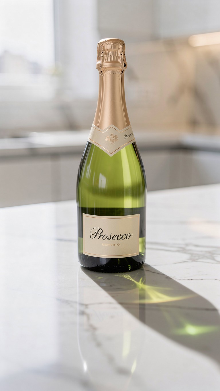 Charmosa Garrafa de Prosecco em Mesa de Mármore