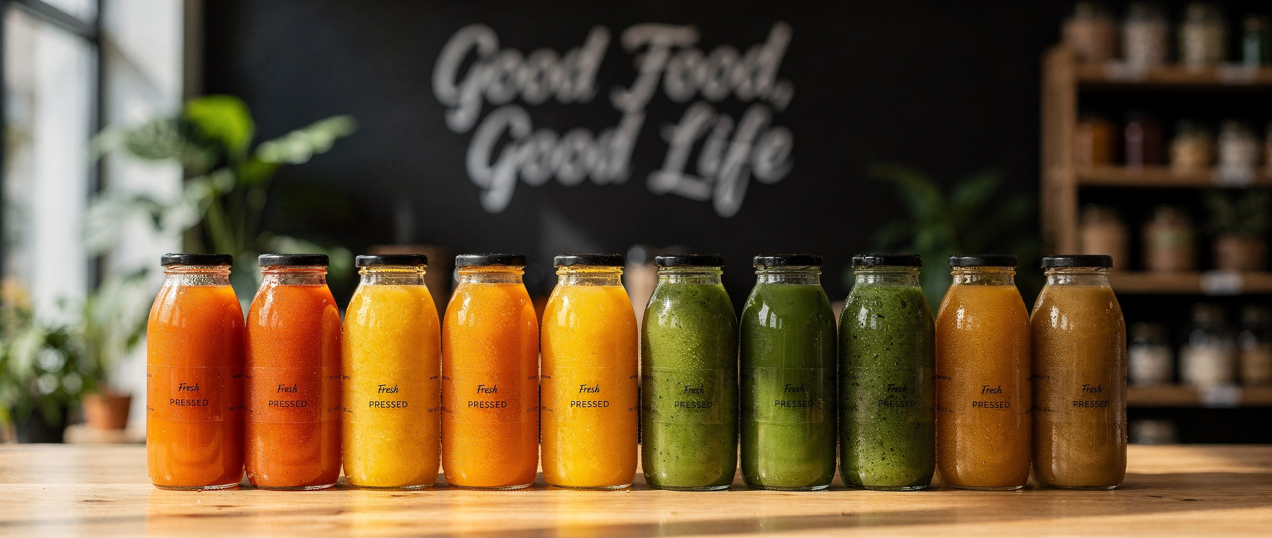 Colorful Fresh Pressed Juices Display