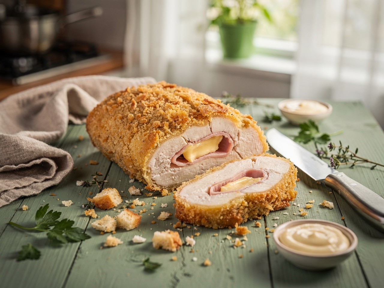 Crispy Chicken Cordon Bleu with Cheese and Ham