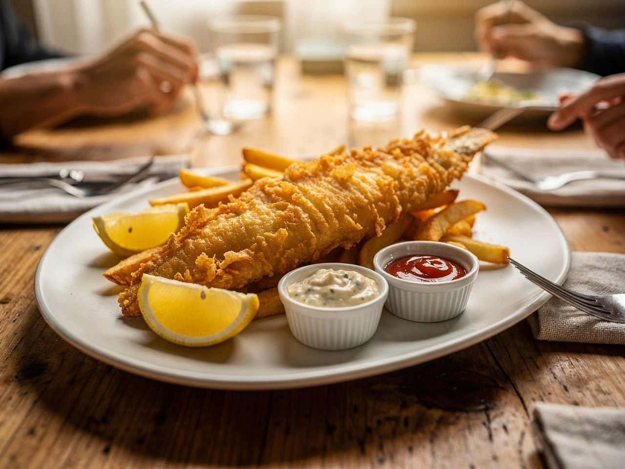 Pescado y Papas Fritas Crujientes con Salsas para Mojar