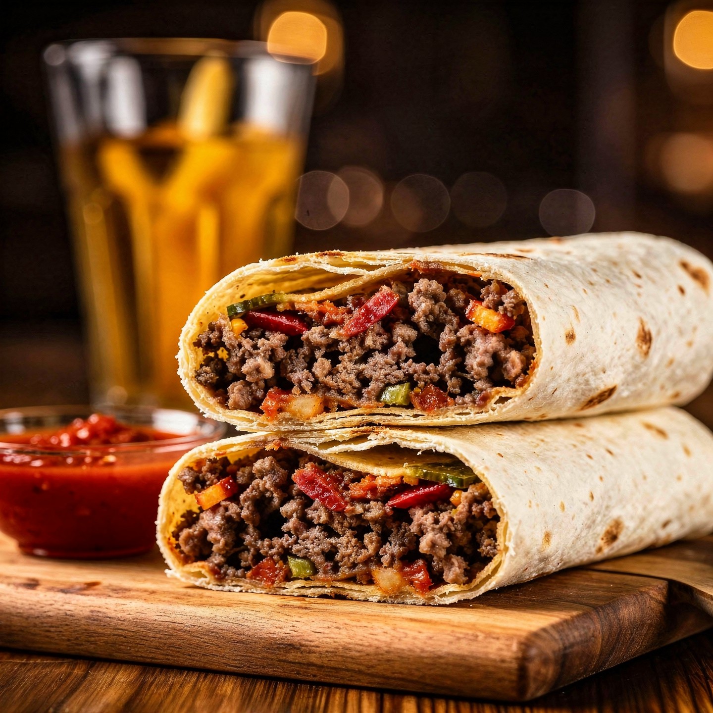 Delicious Beef Burrito with Salsa and Drink