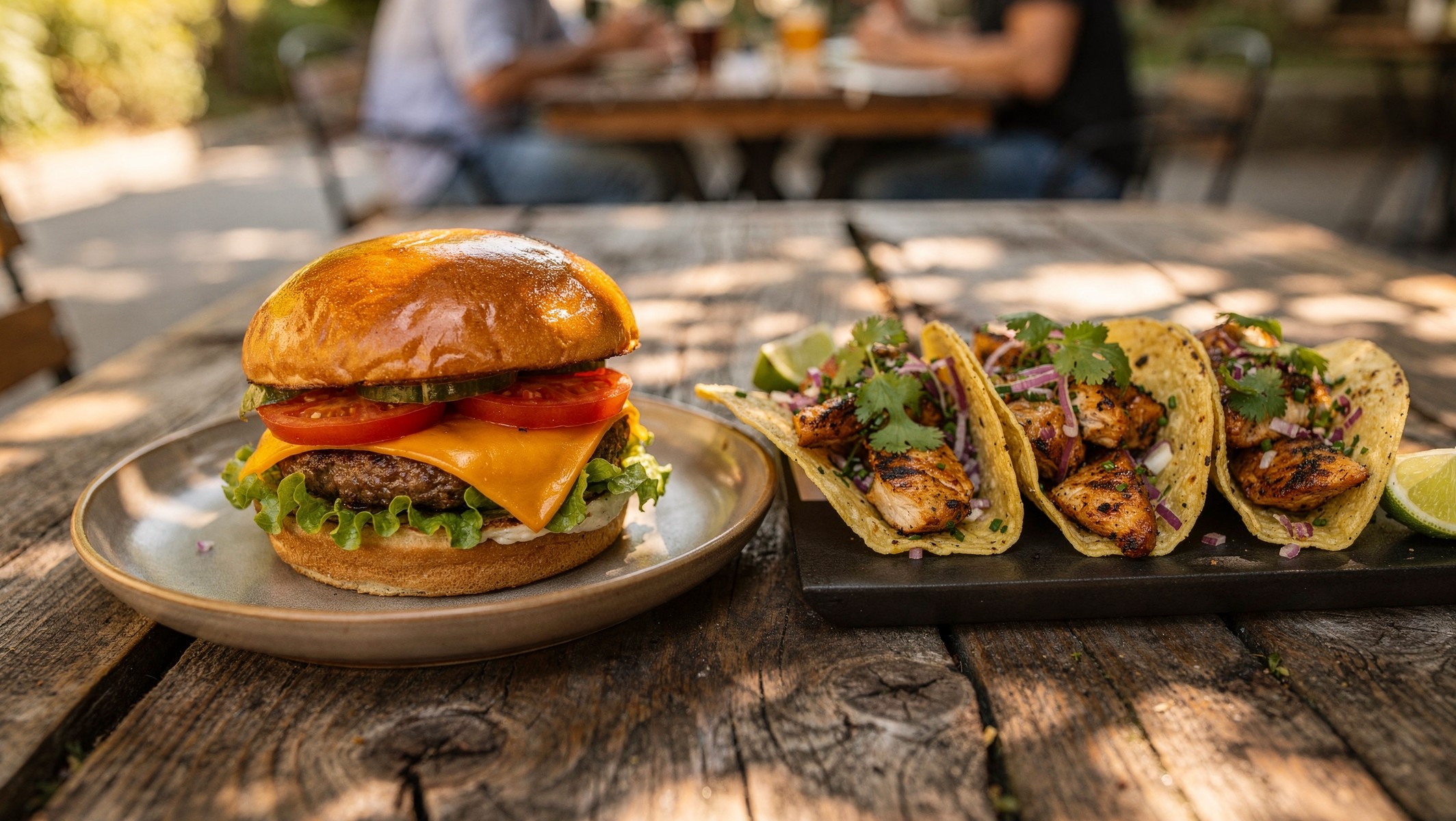 Delicious Burger and Tacos on a Rustic Table