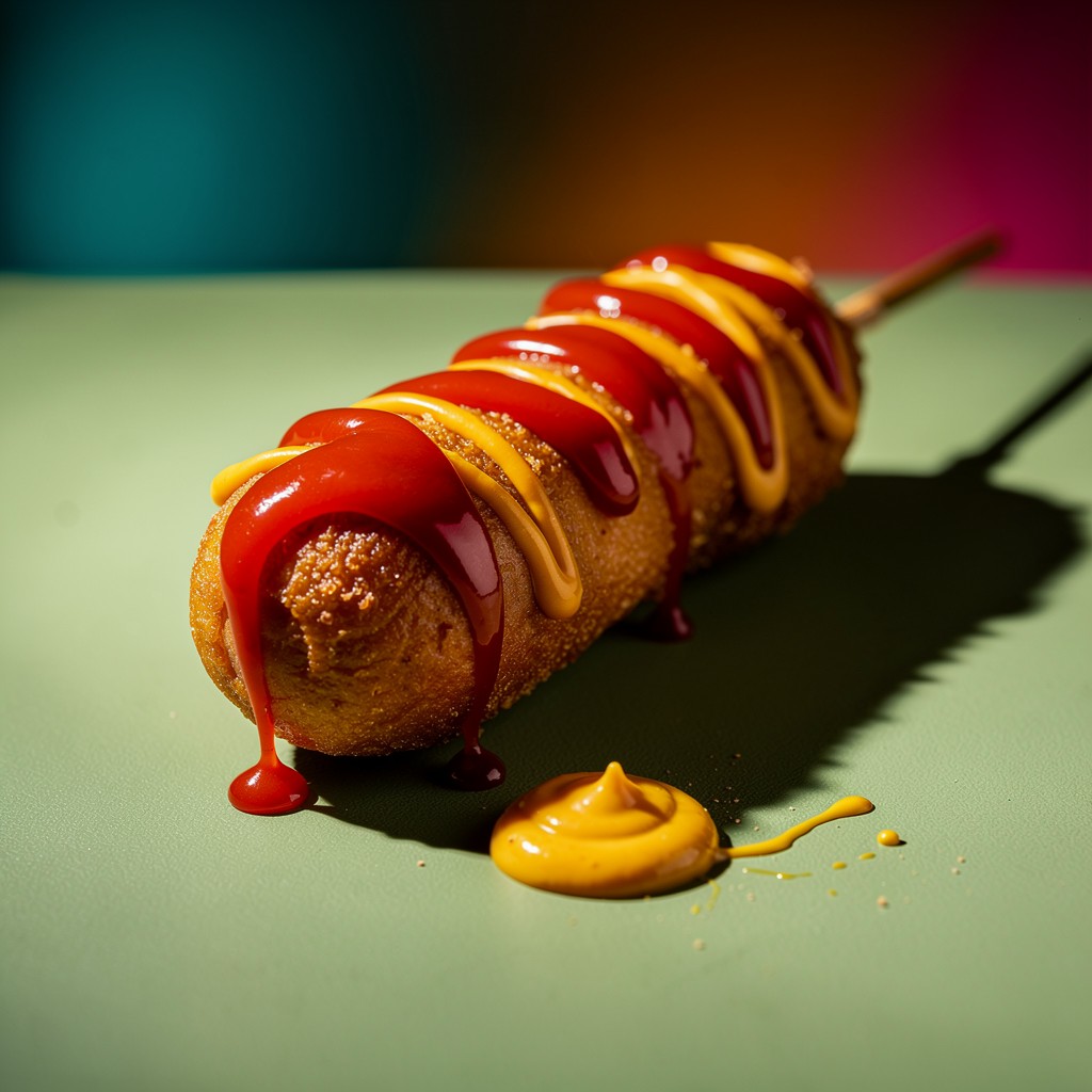 Delicioso Perro Caliente de Maíz con Ketchup y Mostaza