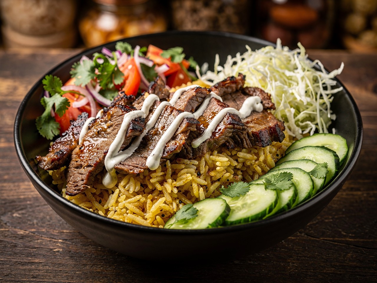 Deliciosa Tigela de Arroz Temperado com Carne Grelhada