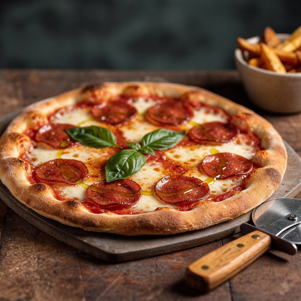 Delicious Pepperoni Pizza with Fresh Basil