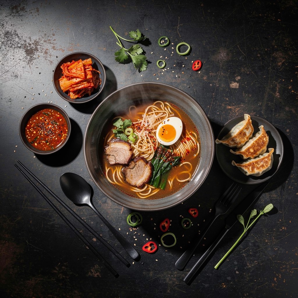Delicious Ramen Bowl with Dumplings and Kimchi