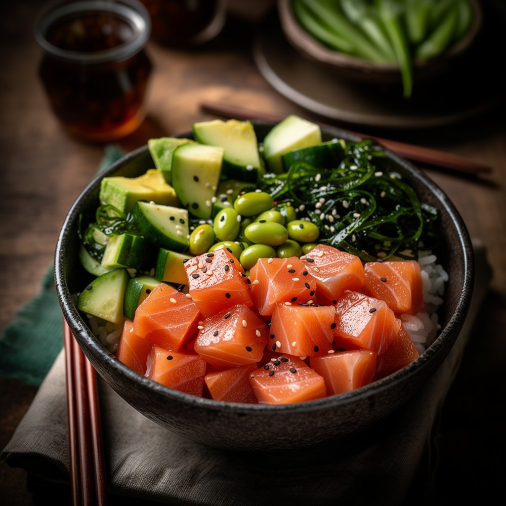 美味三文鱼波奇碗配新鲜蔬菜