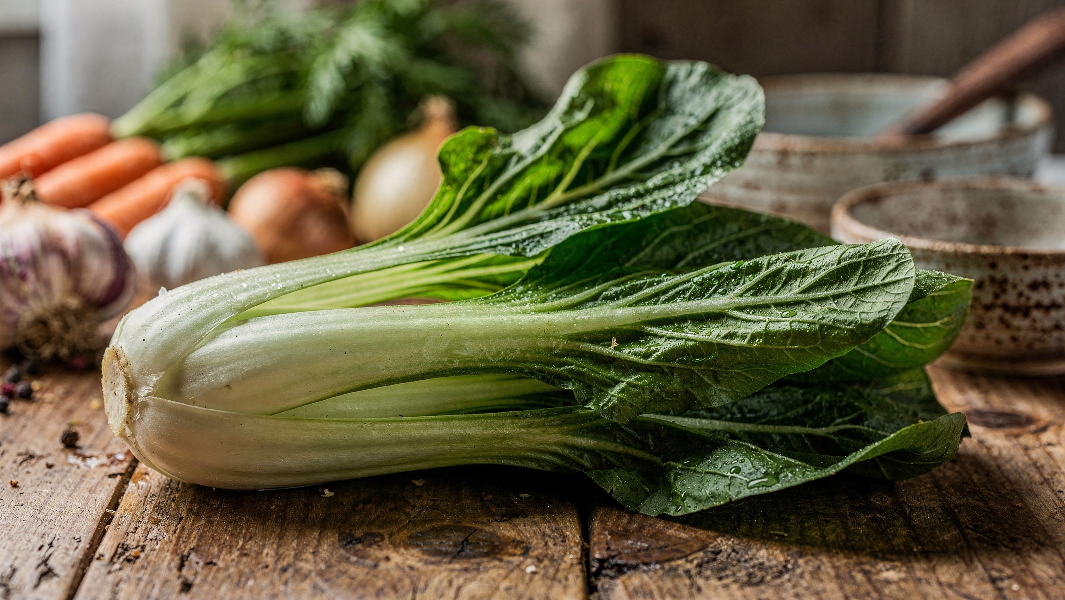 Bok Choy Fresco em Mesa de Madeira Rústica