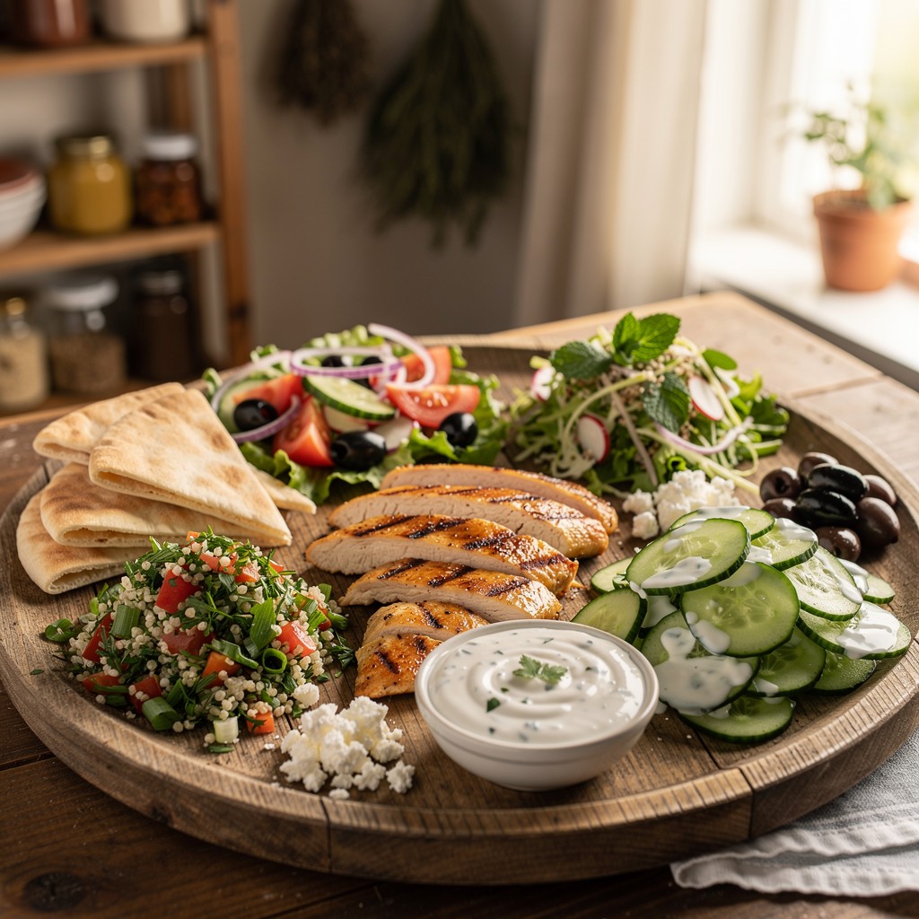 Plato Mediterráneo de Pollo con Ensalada y Dips