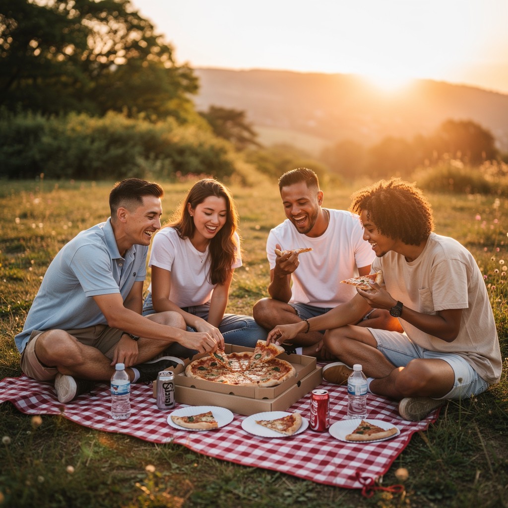 Banquete de Picnic al Atardecer con Pizza y Amigos