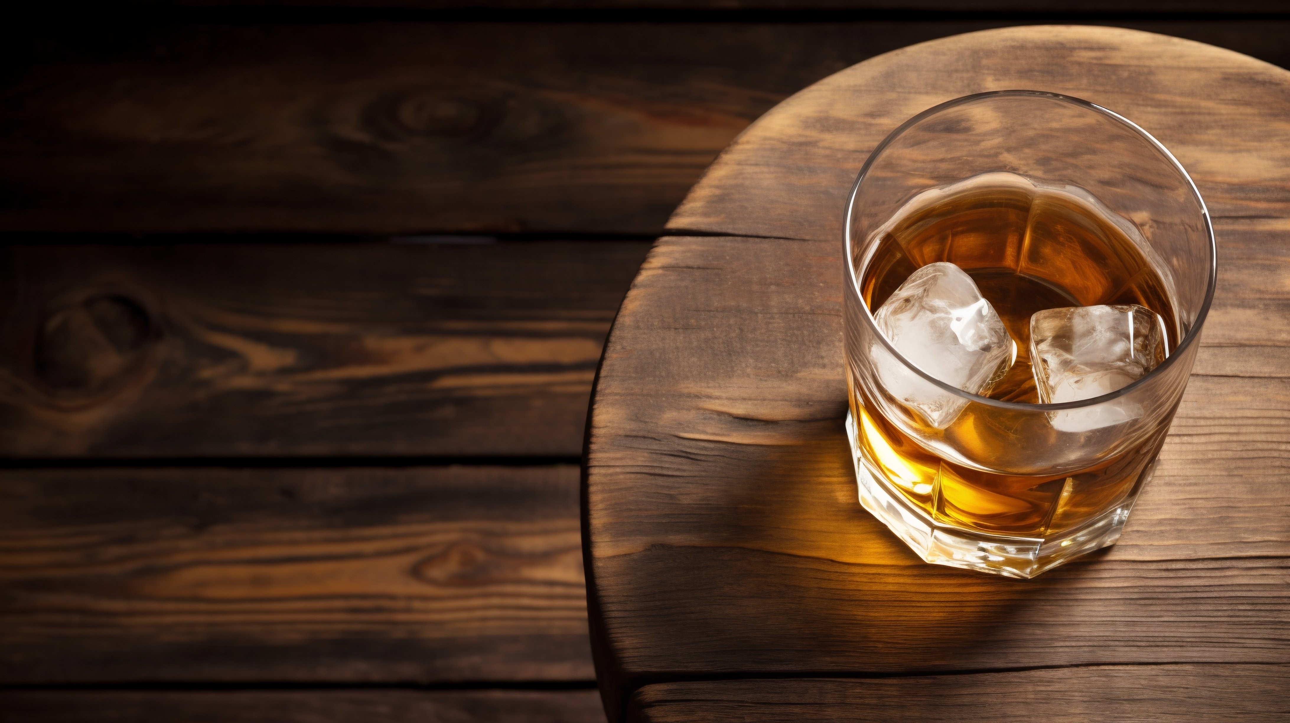 A glass of whiskey with wooden background