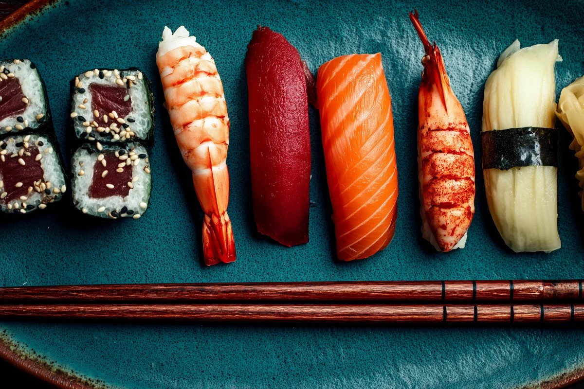 Assorted Sushi Selection on Vibrant Plate