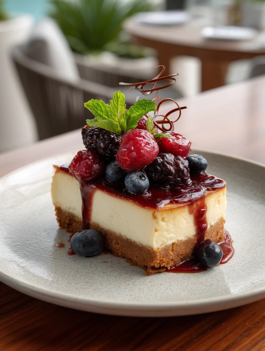 Berry Topped Cheesecake Slice with Garnish