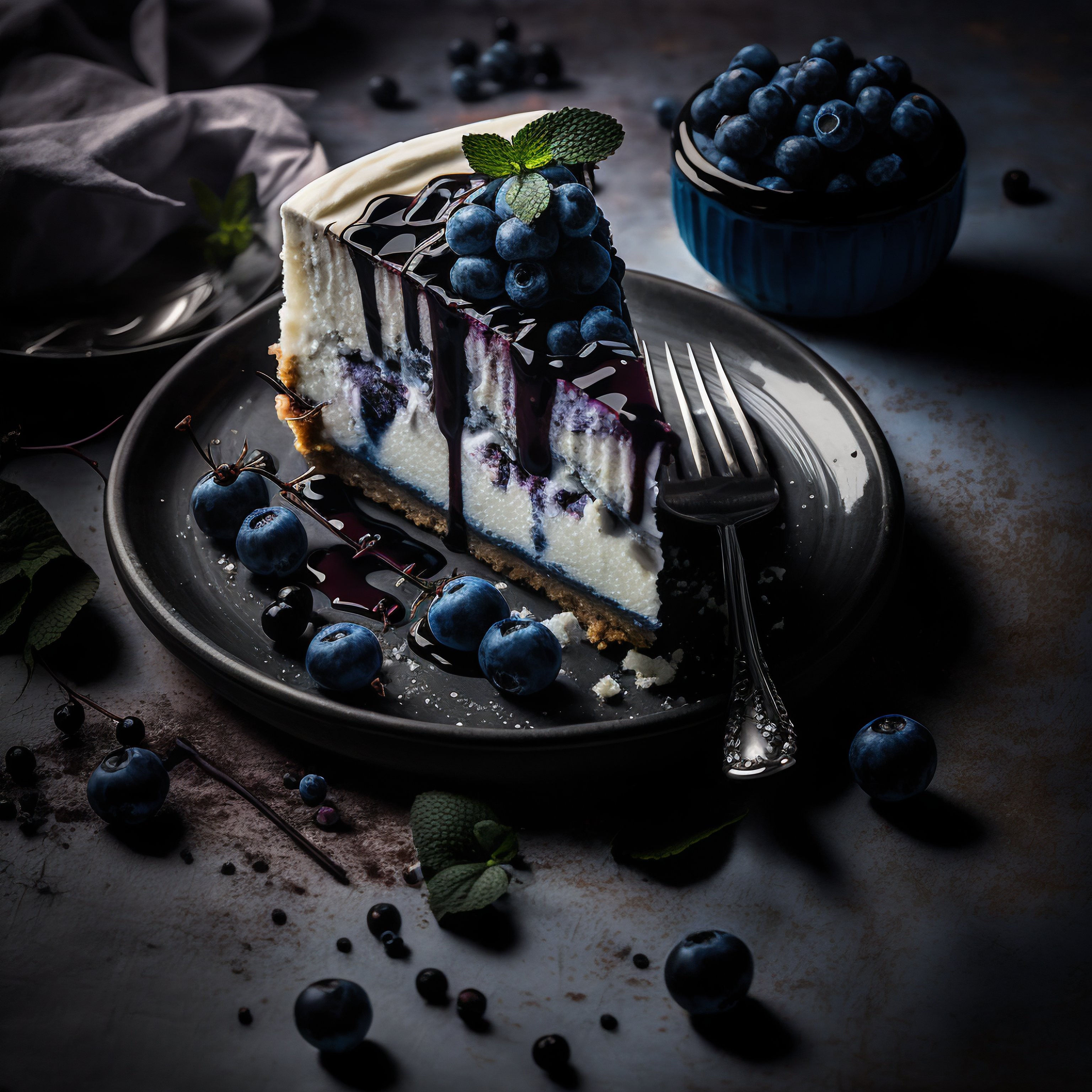Cheesecake de mirtilo em um prato com um garfo