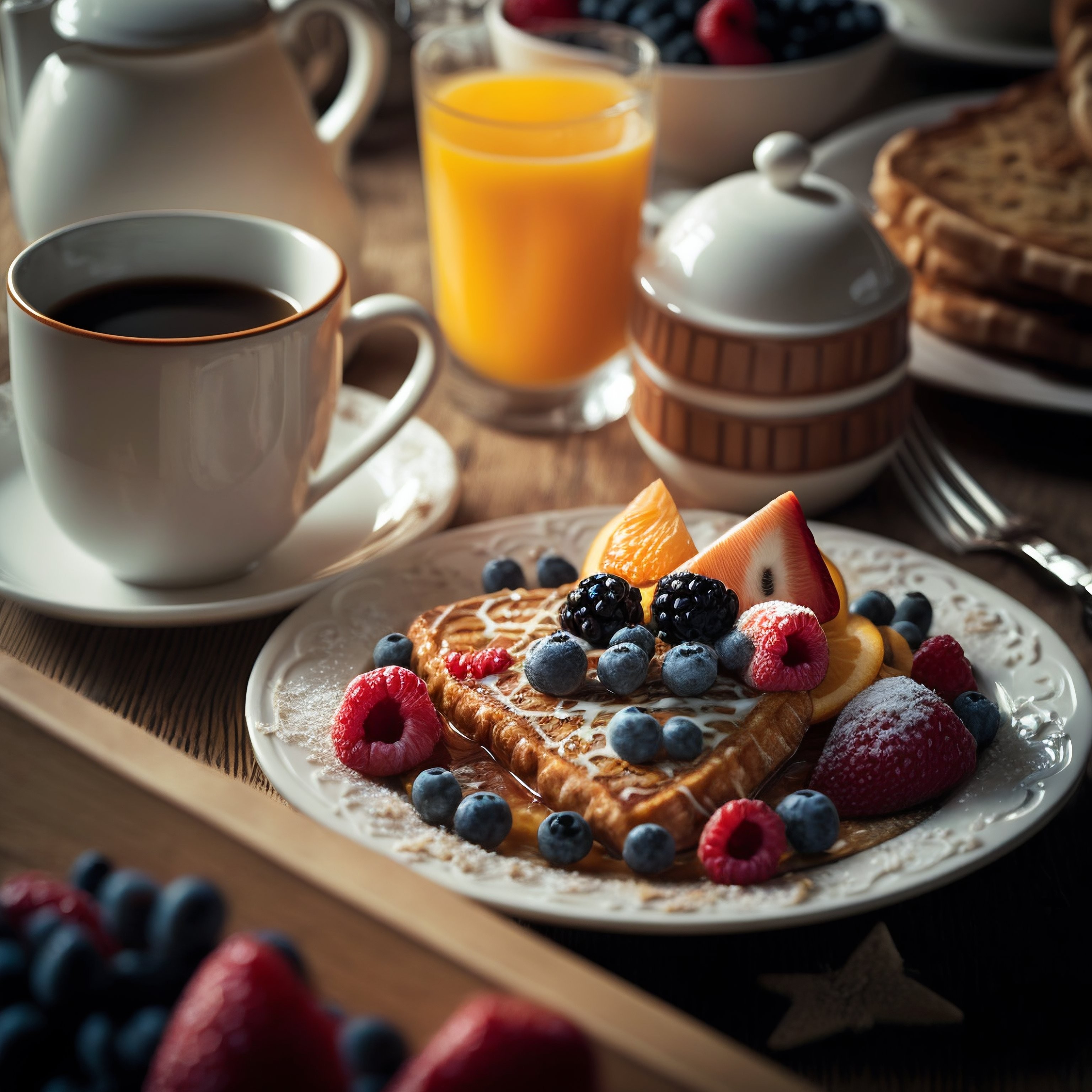 Waffle de café da manhã com frutas vermelhas, café e suco de laranja