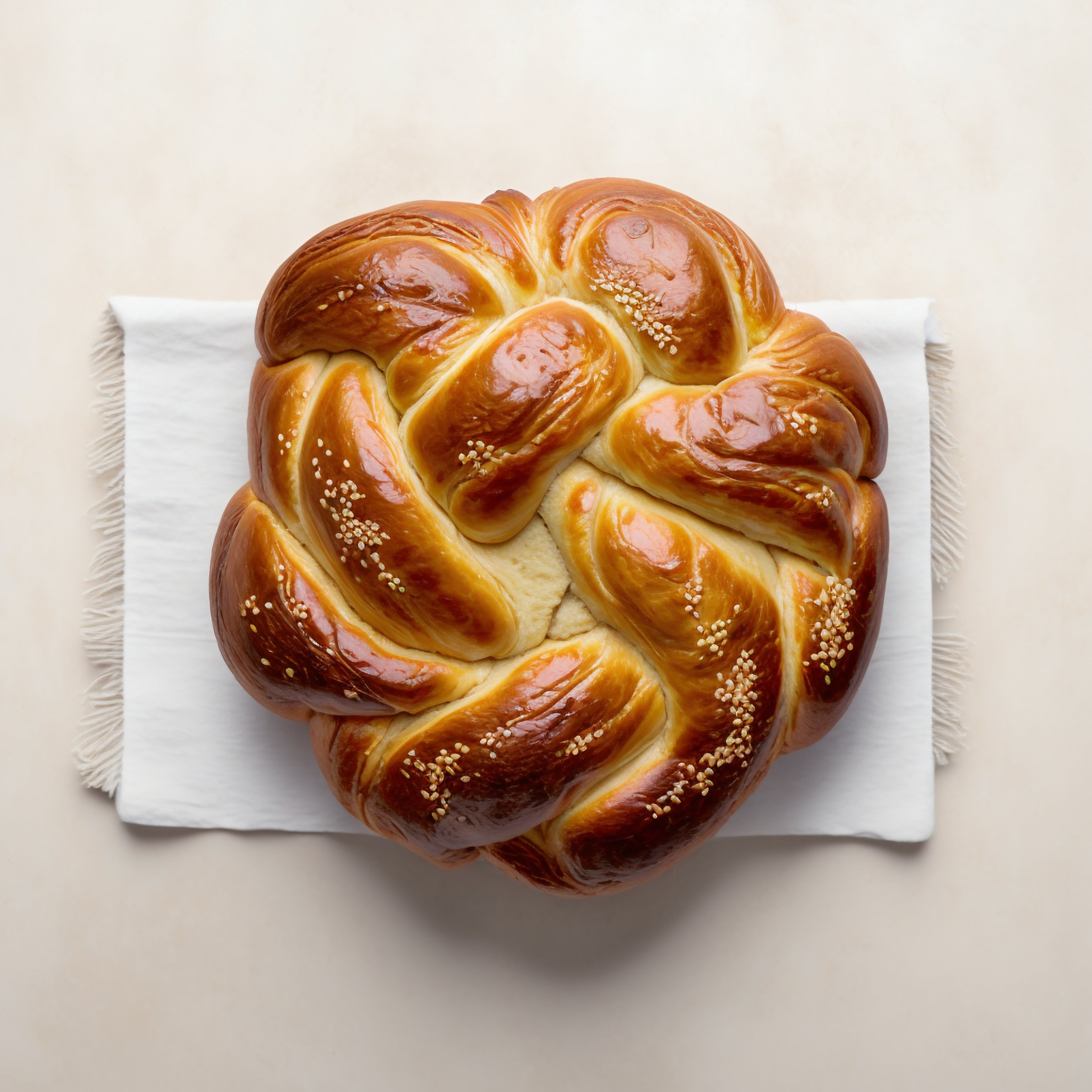 Pastel de challah sobre un lino blanco
