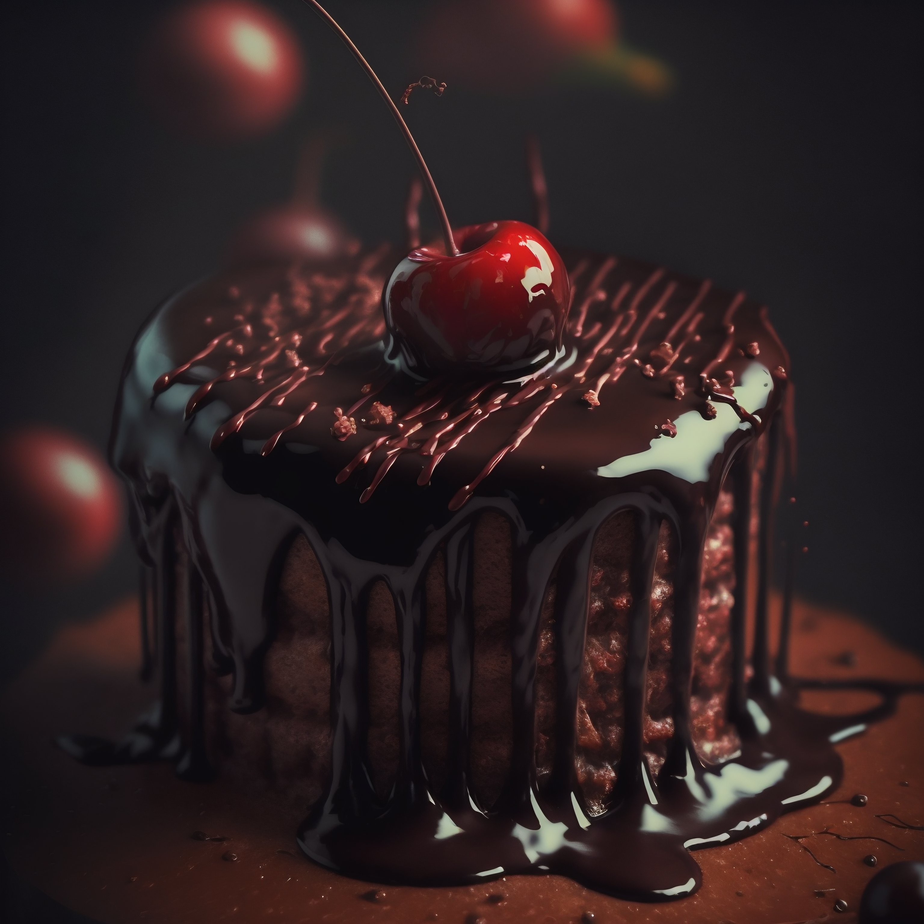 チェリーをトッピングしたチョコレートケーキ