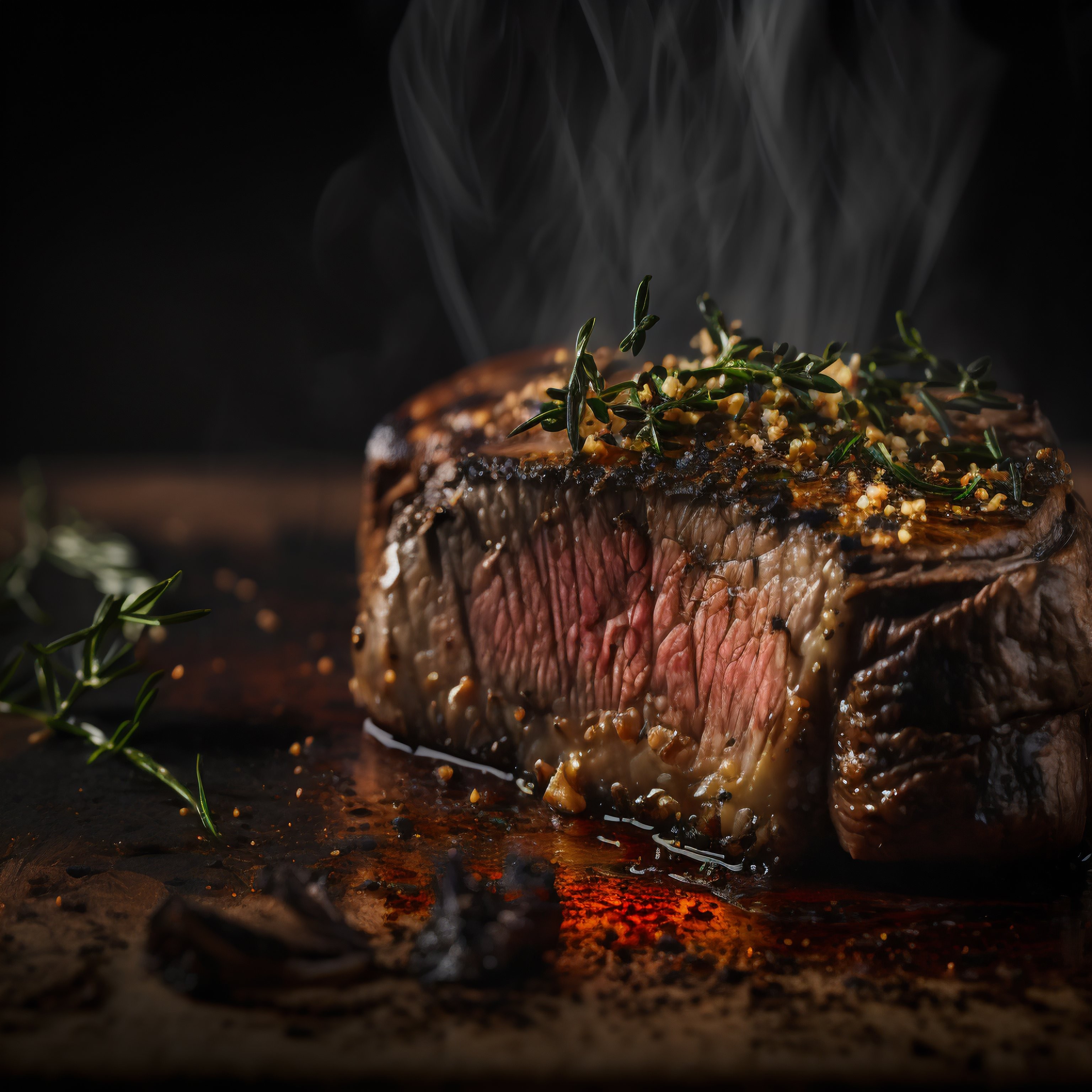 Cinematic shot of grilling beef steak
