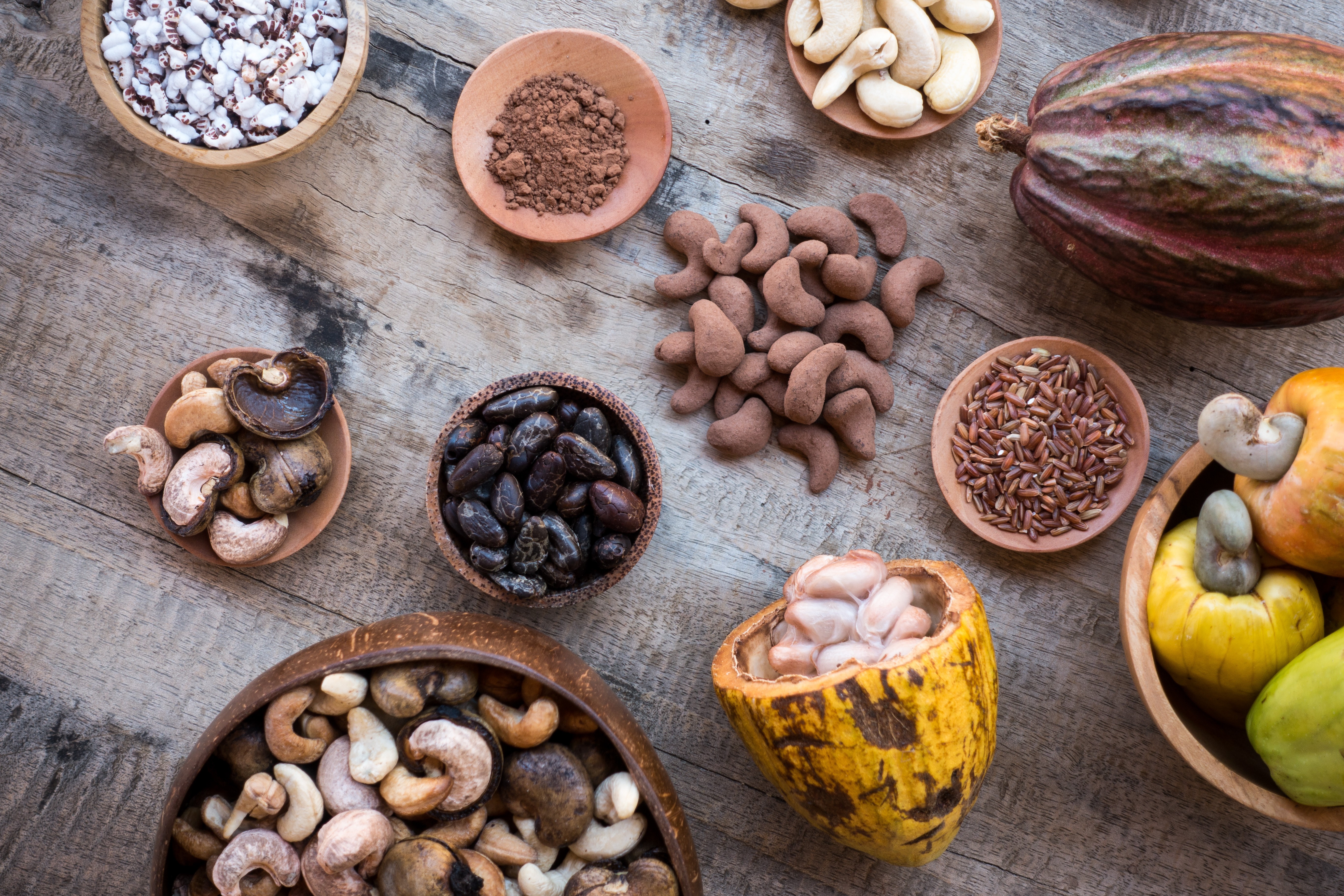 Cacau e outros produtos tropicais vistos de cima