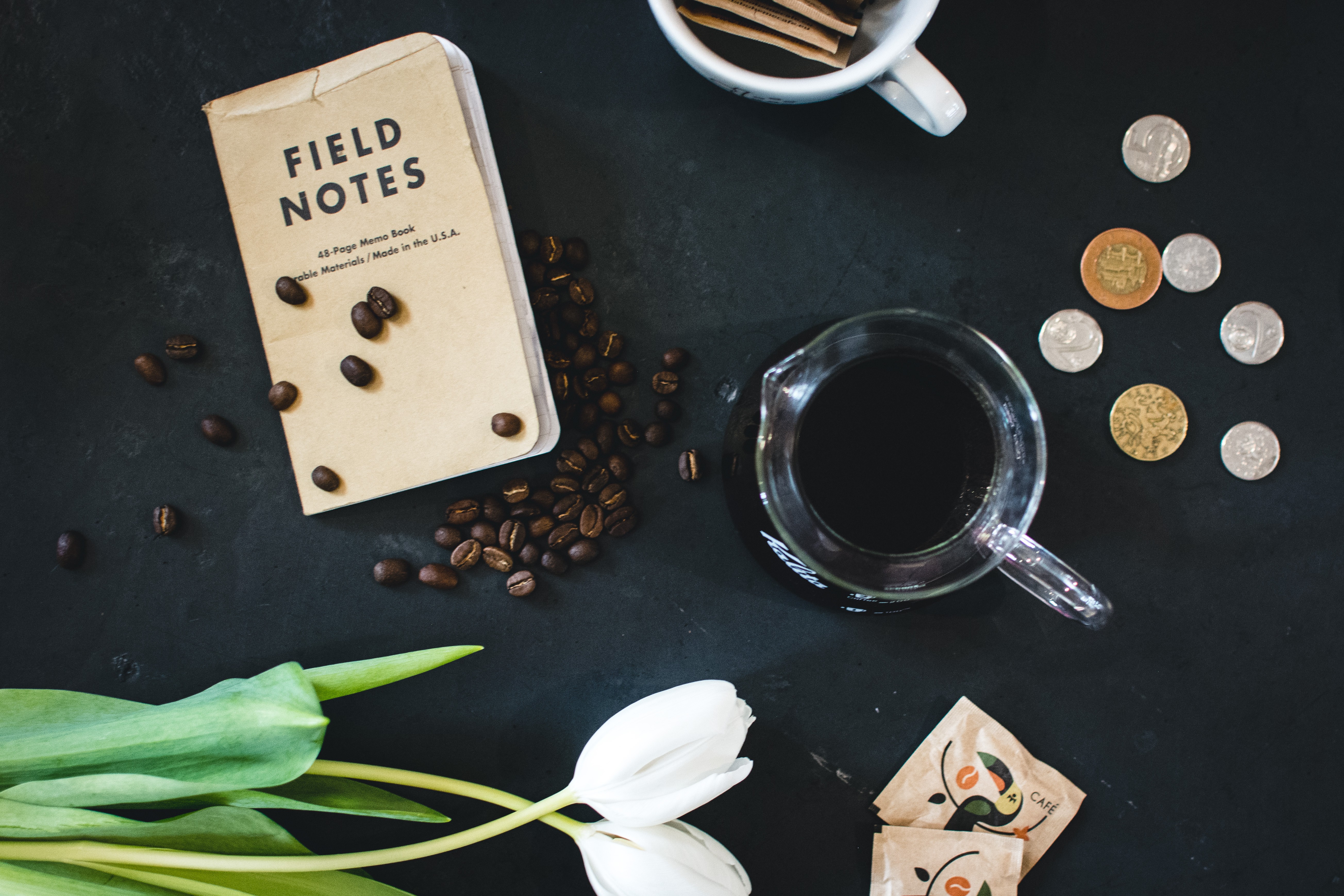 Café com anotações de campo e moedas