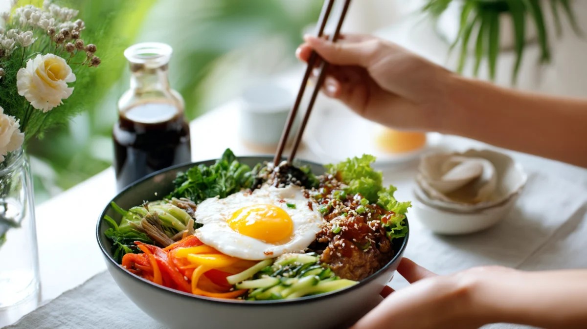 Tazón Colorido de Bibimbap con Huevo Frito y Verduras