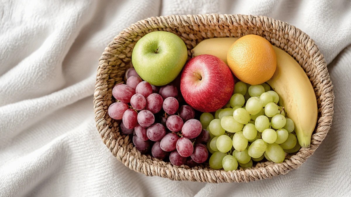 Cesta de Frutas Colorida sobre Tecido Macio