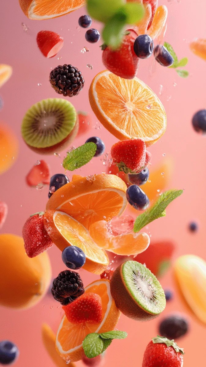 Colorful Fruit Medley with Splashing Water
