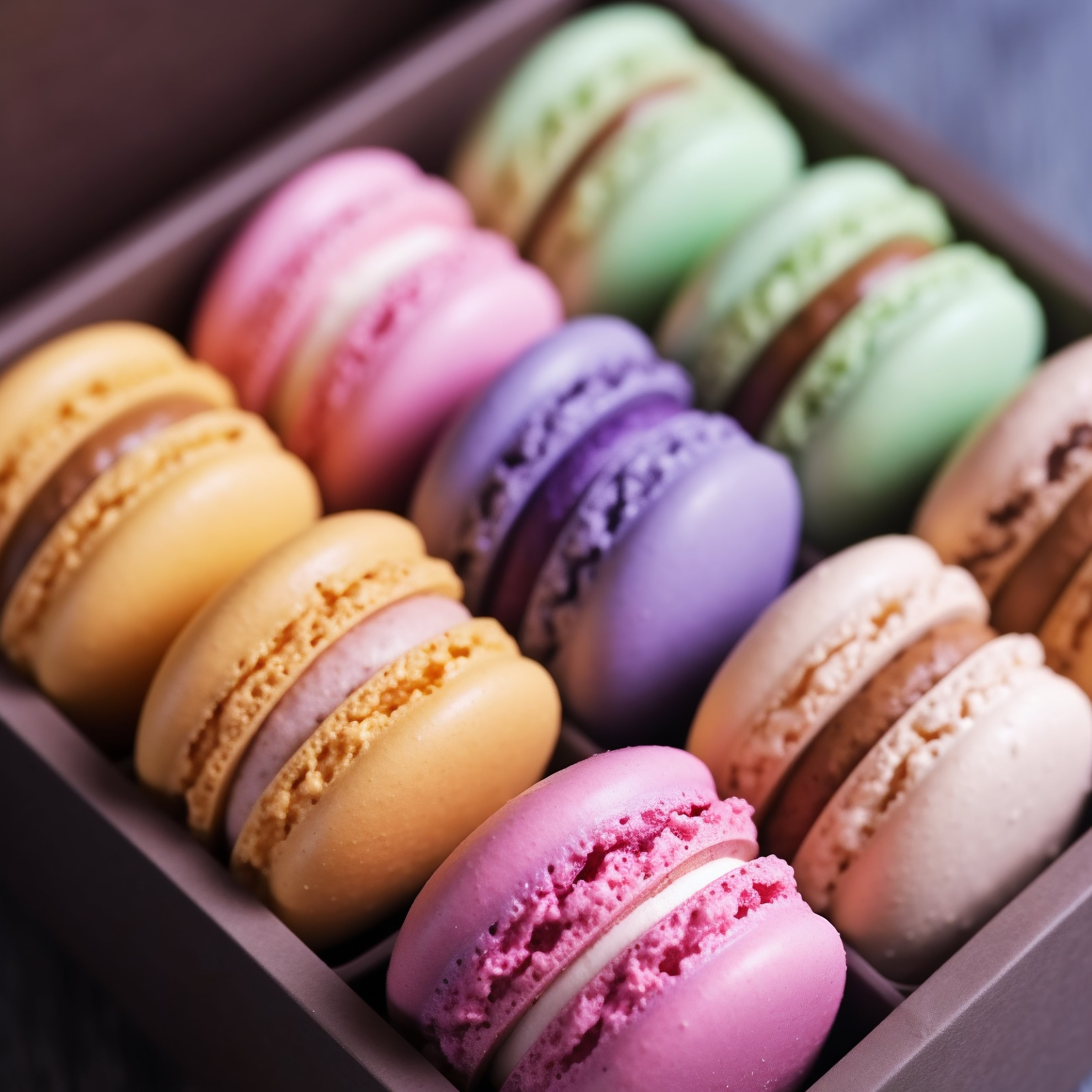Macarons coloridos em uma caixa