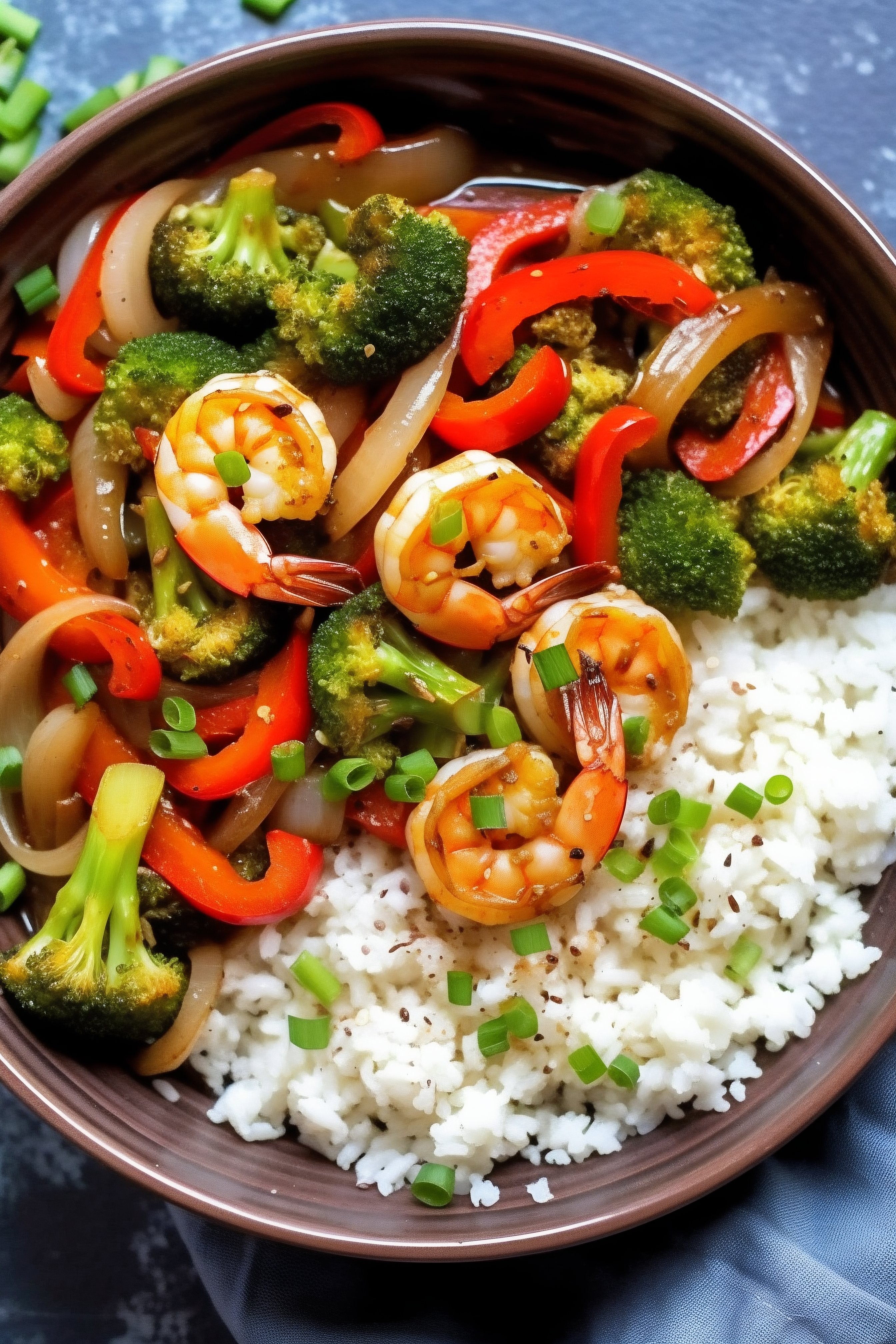 Salteado Colorido de Camarones con Brócoli y Arroz