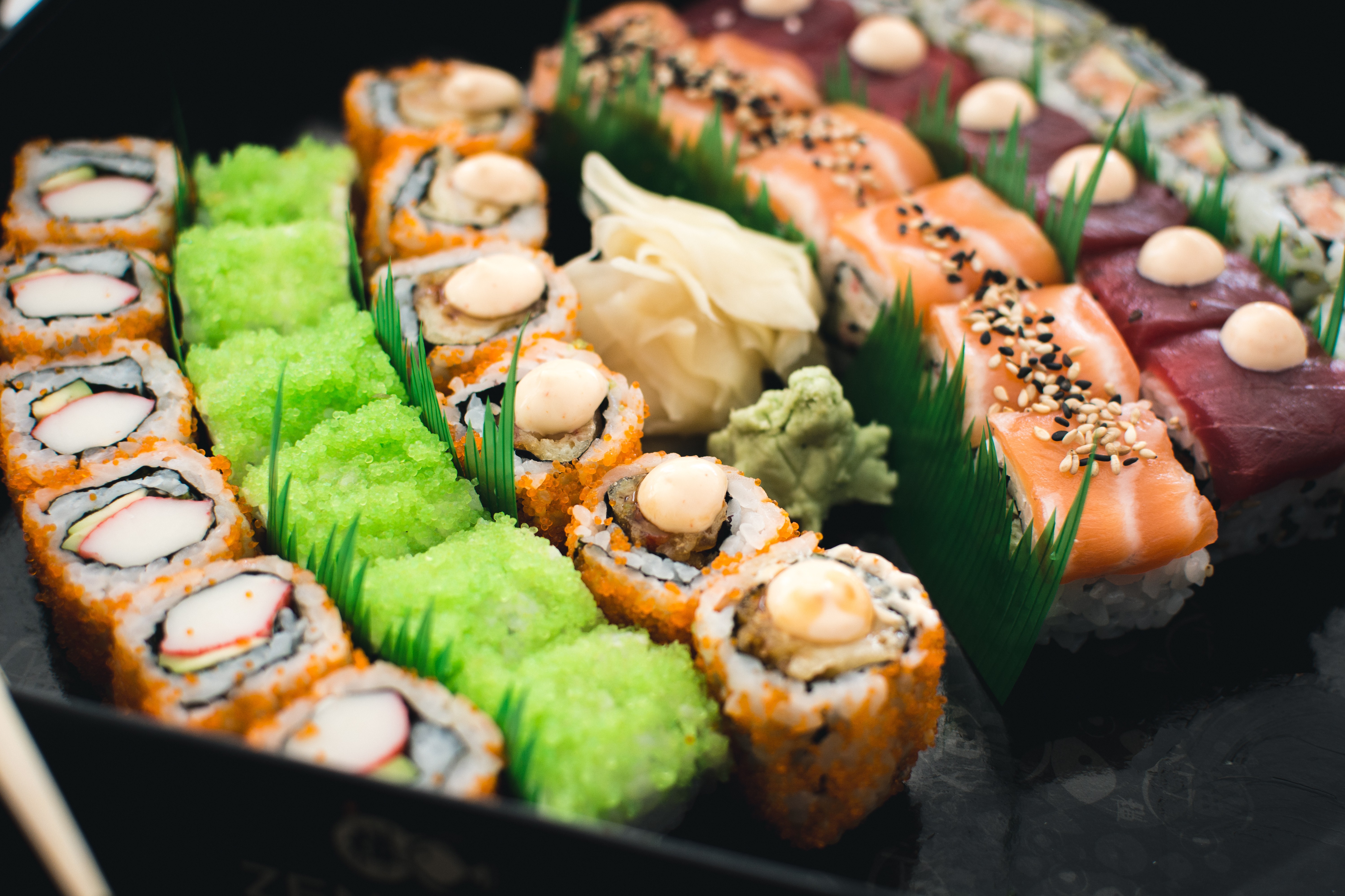 Colorful sushi in a black box