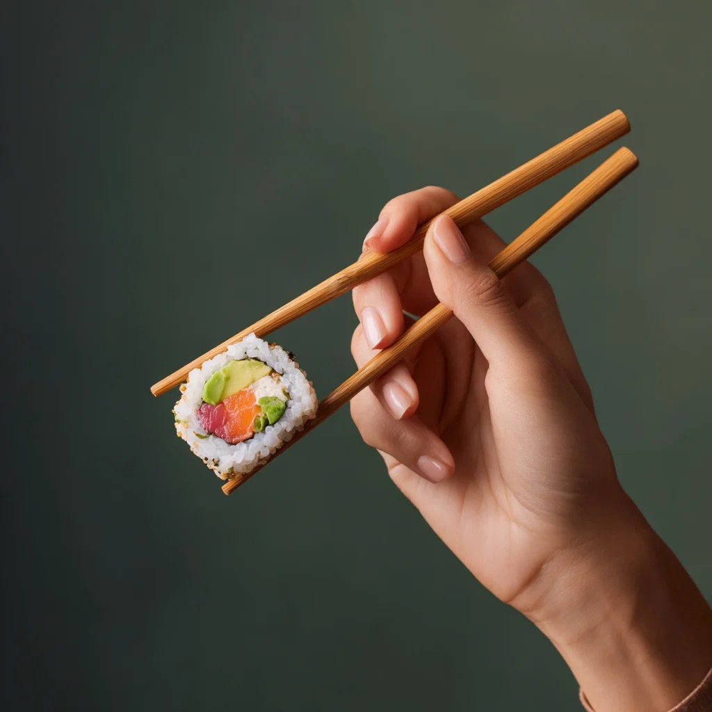 Colorful Sushi Roll Held with Chopsticks