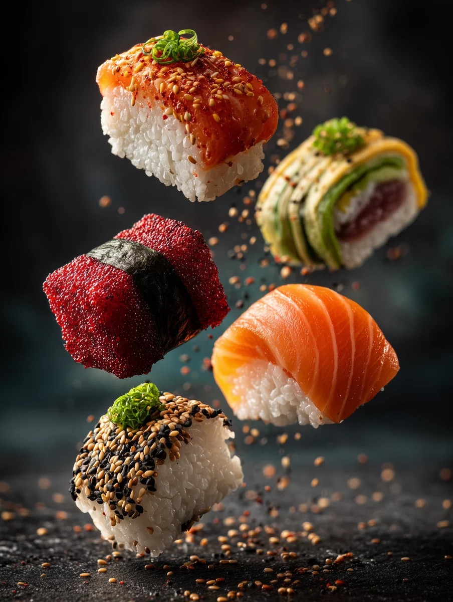 Colorful Sushi Variety Floating in Mid-Air