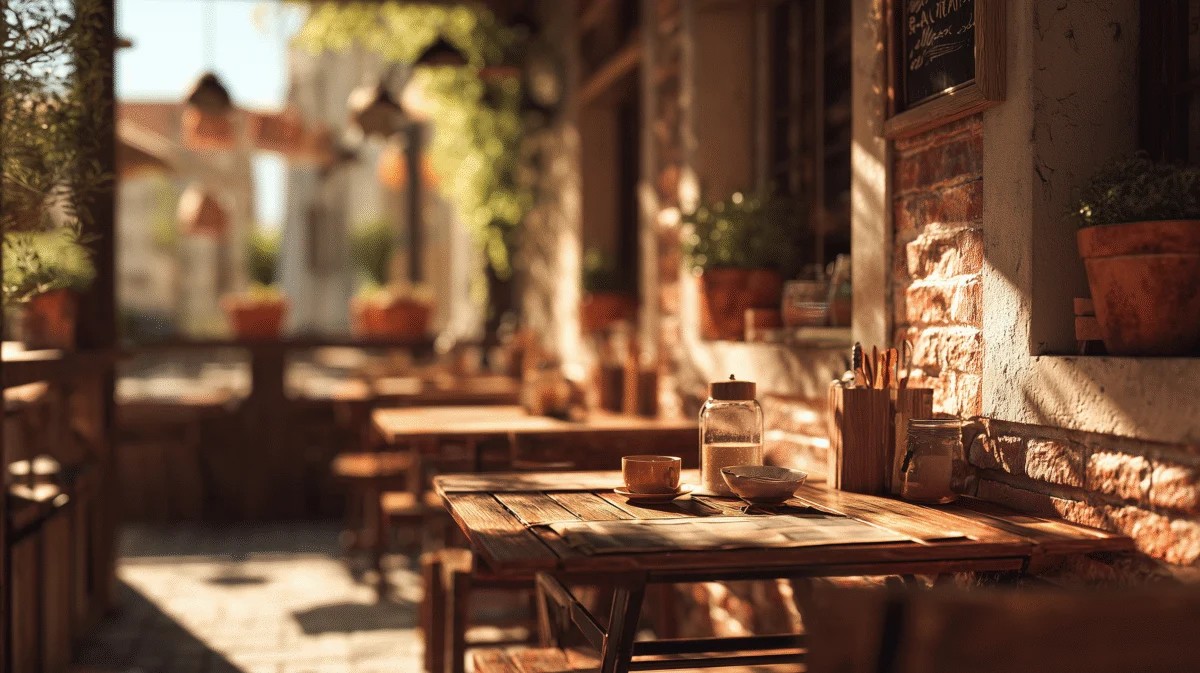 Cozy Outdoor Cafe with Rustic Wooden Tables