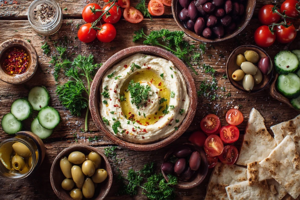 Hummus Cremoso con Verduras Frescas y Aceitunas
