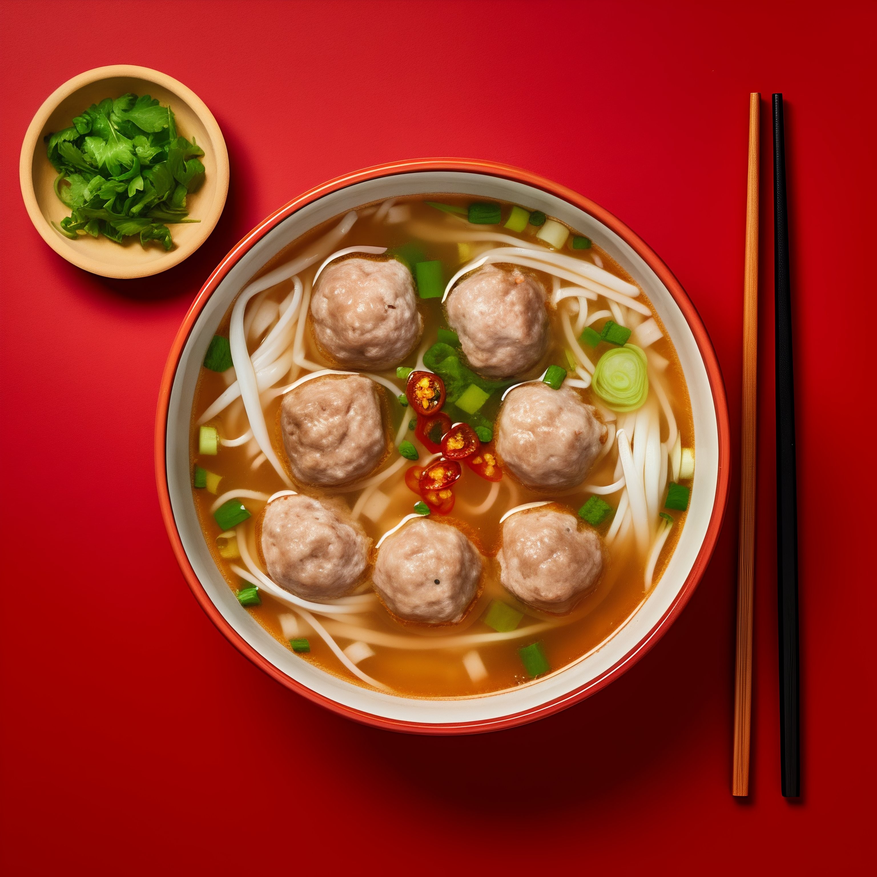 Вкусный суп с фрикадельками и лапшой в красной миске