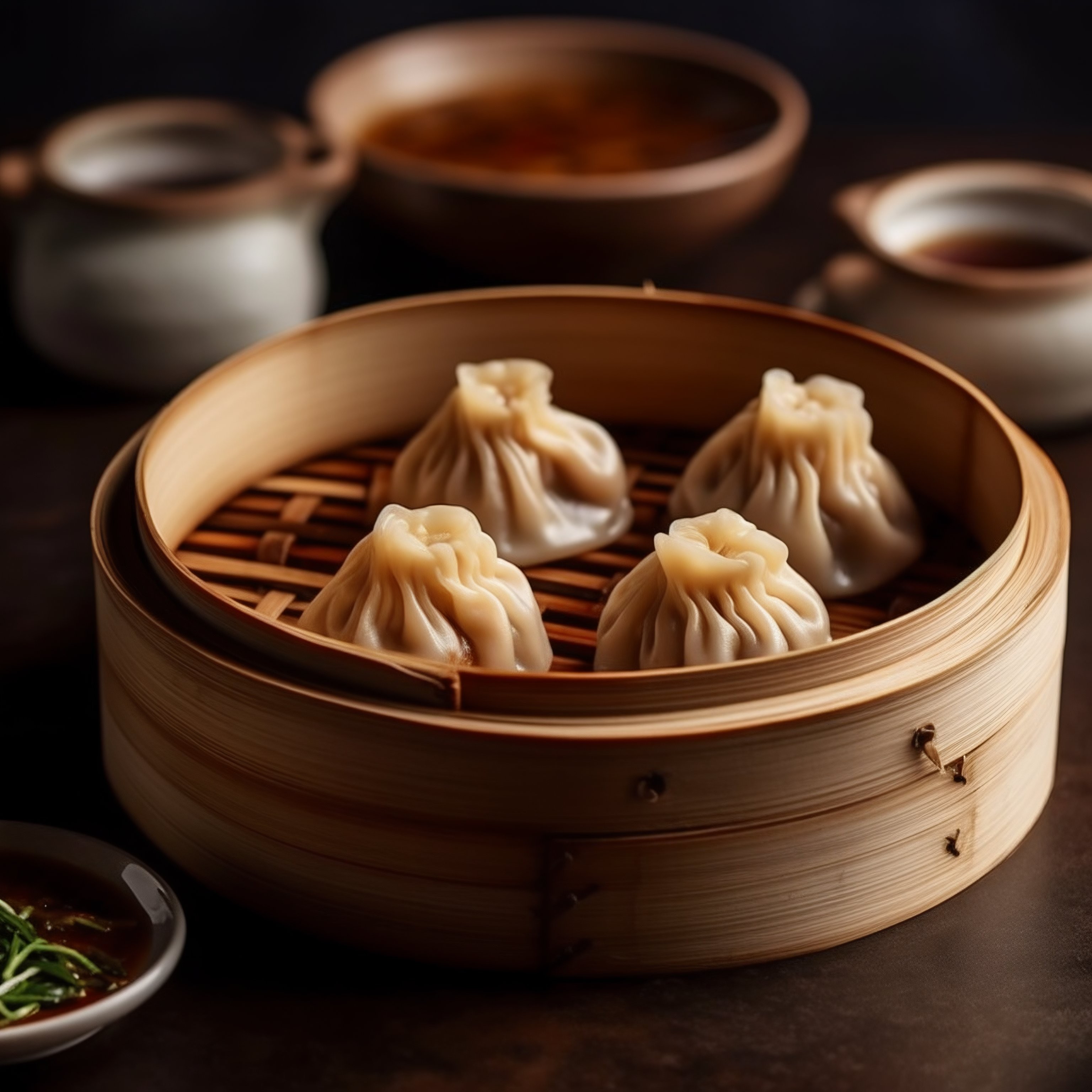 Dumplings Xiaolongbao in a wooden box