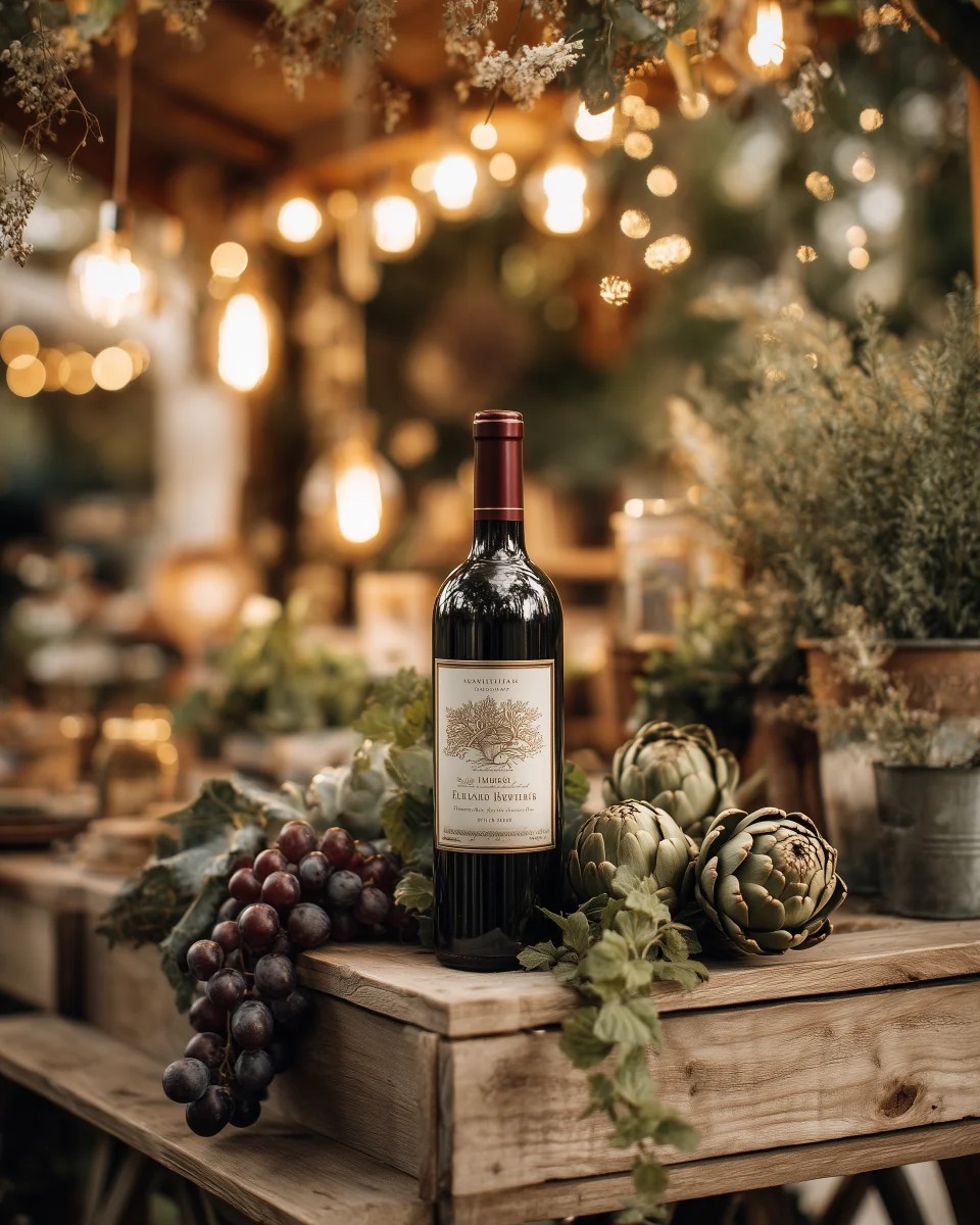 Elegant Red Wine with Grapes and Artichokes
