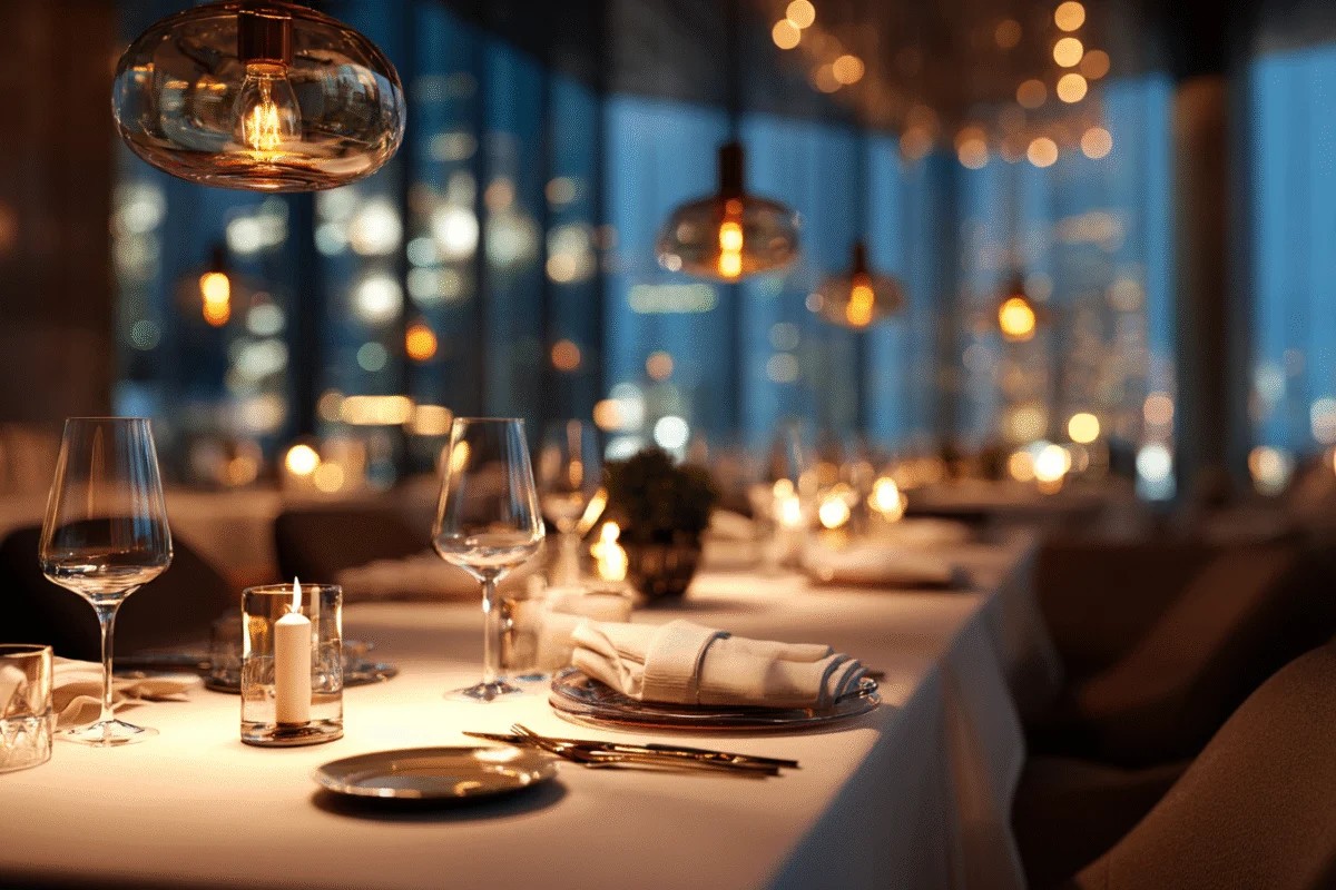 Configuração Elegante de Mesa de Restaurante à Noite