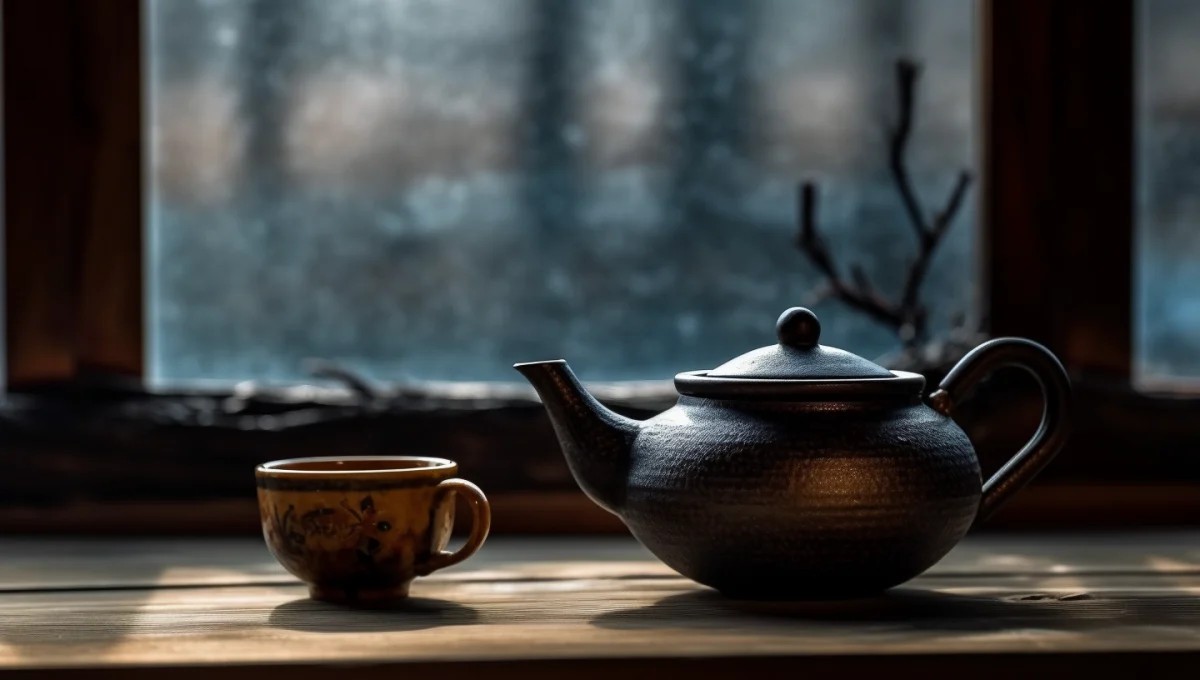优雅的茶壶与杯子在柔和的晨光下