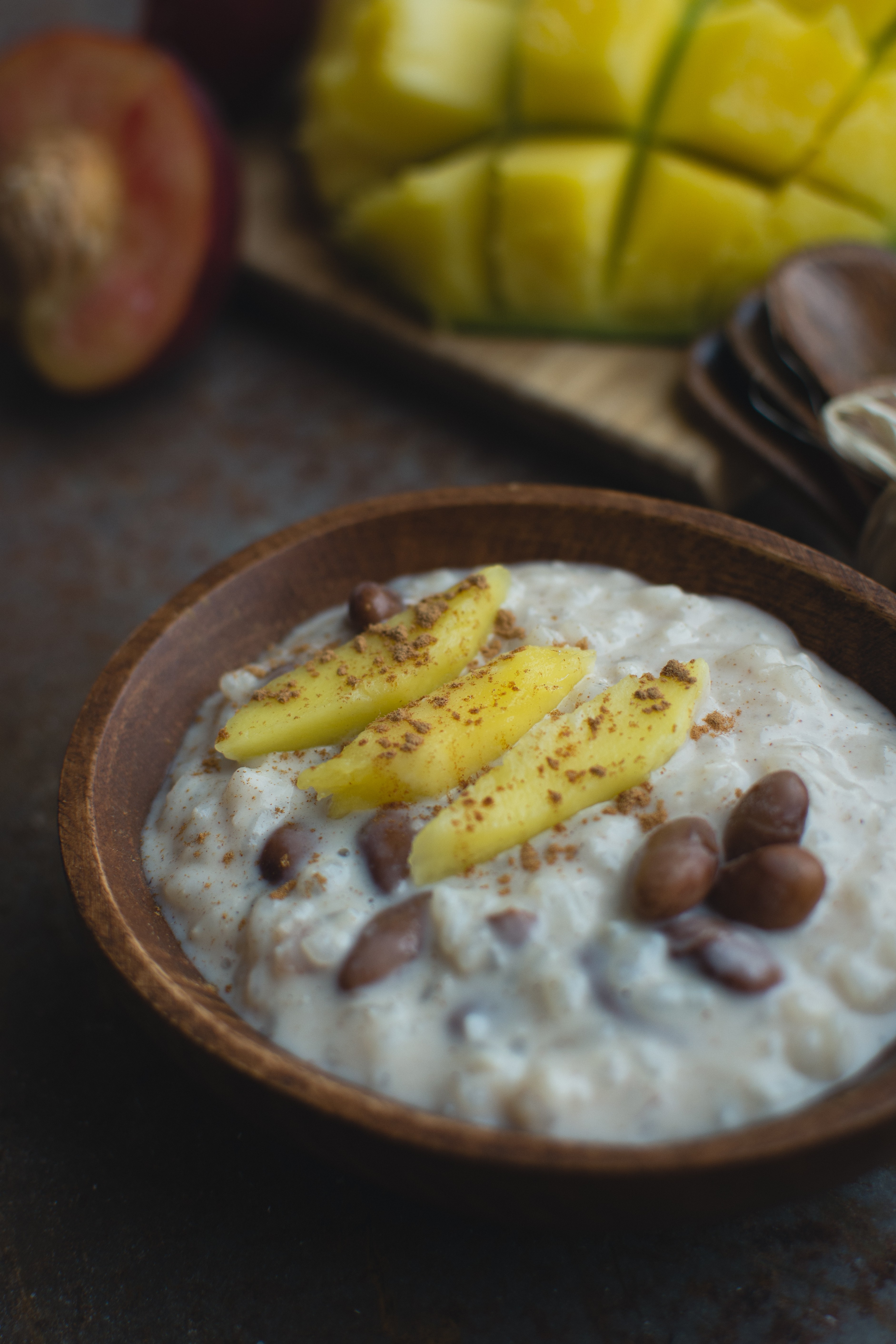 Exotic coconut rice and beans dessert with mango