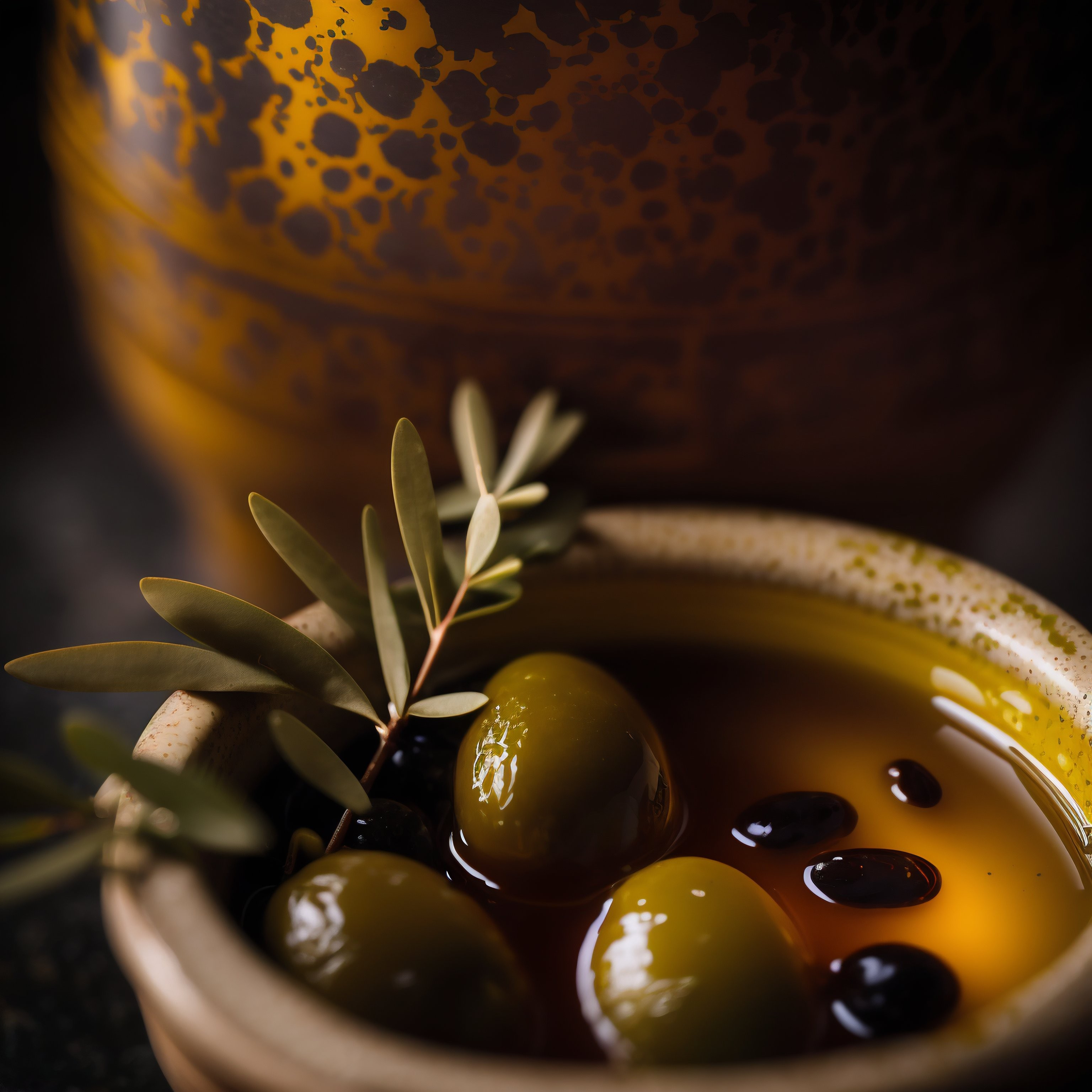 Extra virgin olive oil with olives in a small bowl