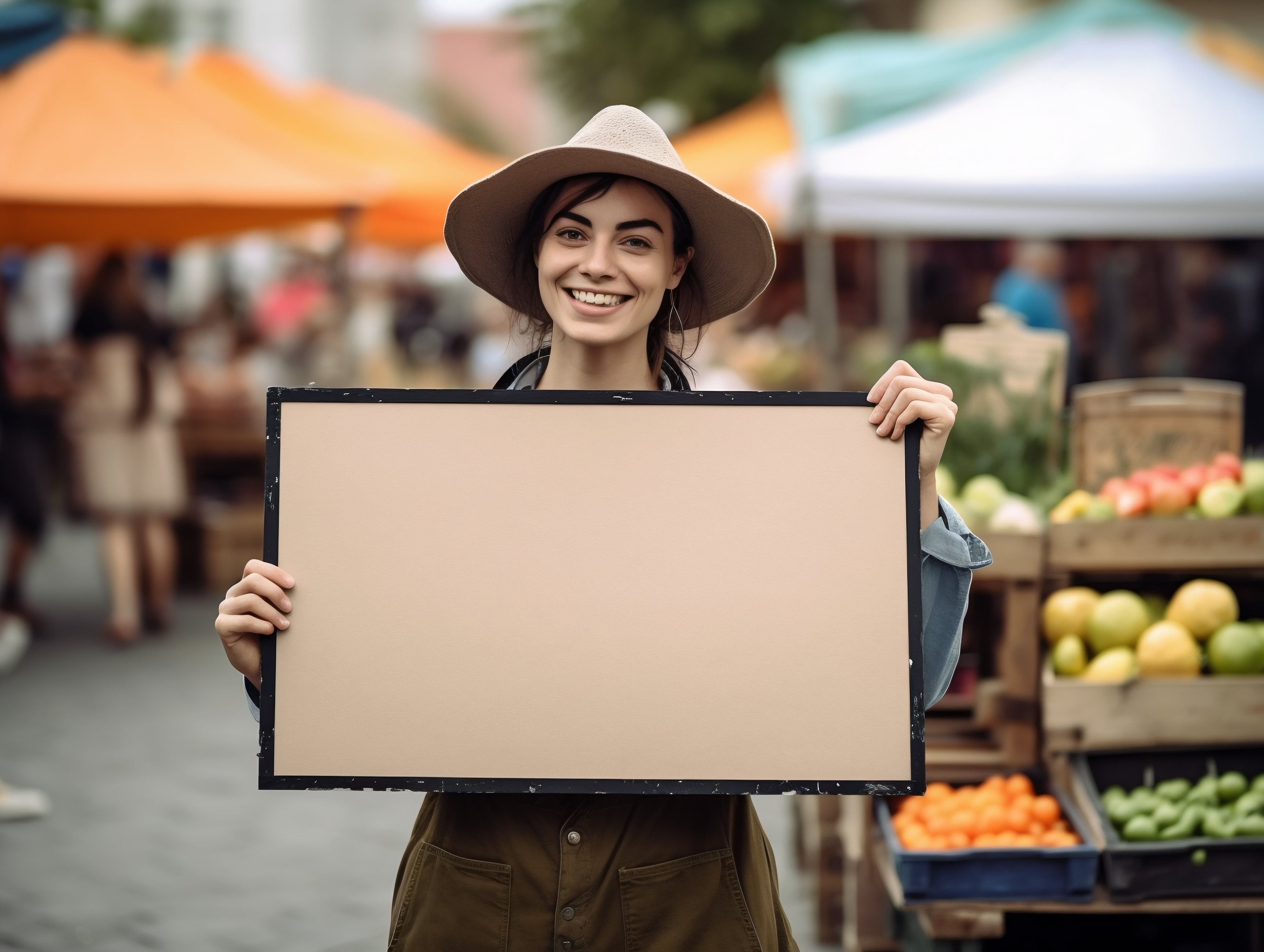 Female farmer holding sign board