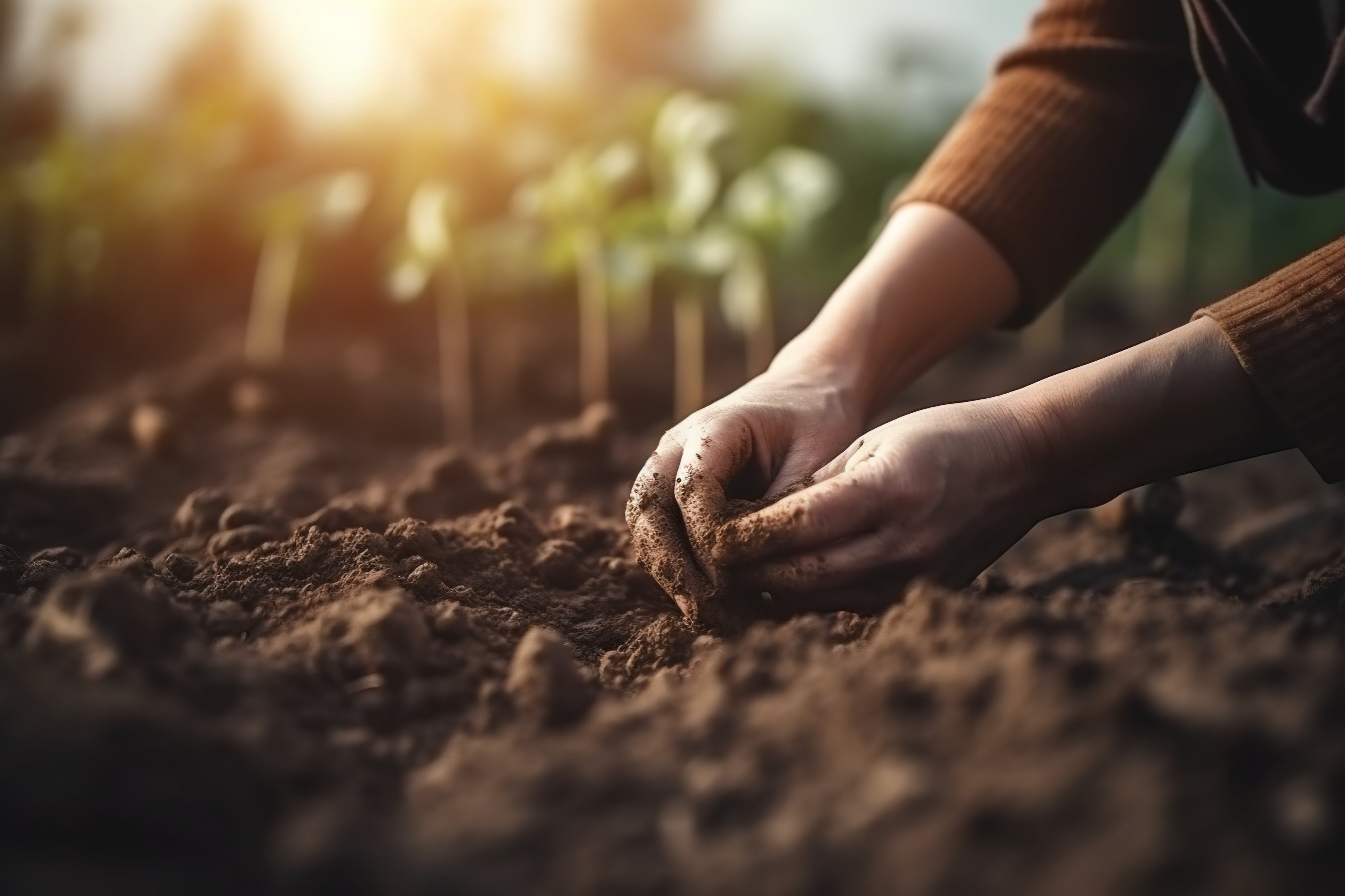 Female farmer planting seed in a soil