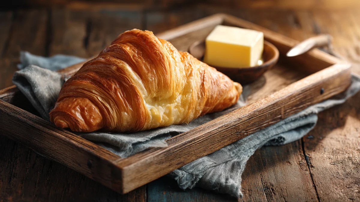 Flaky Croissant with Butter on Rustic Tray