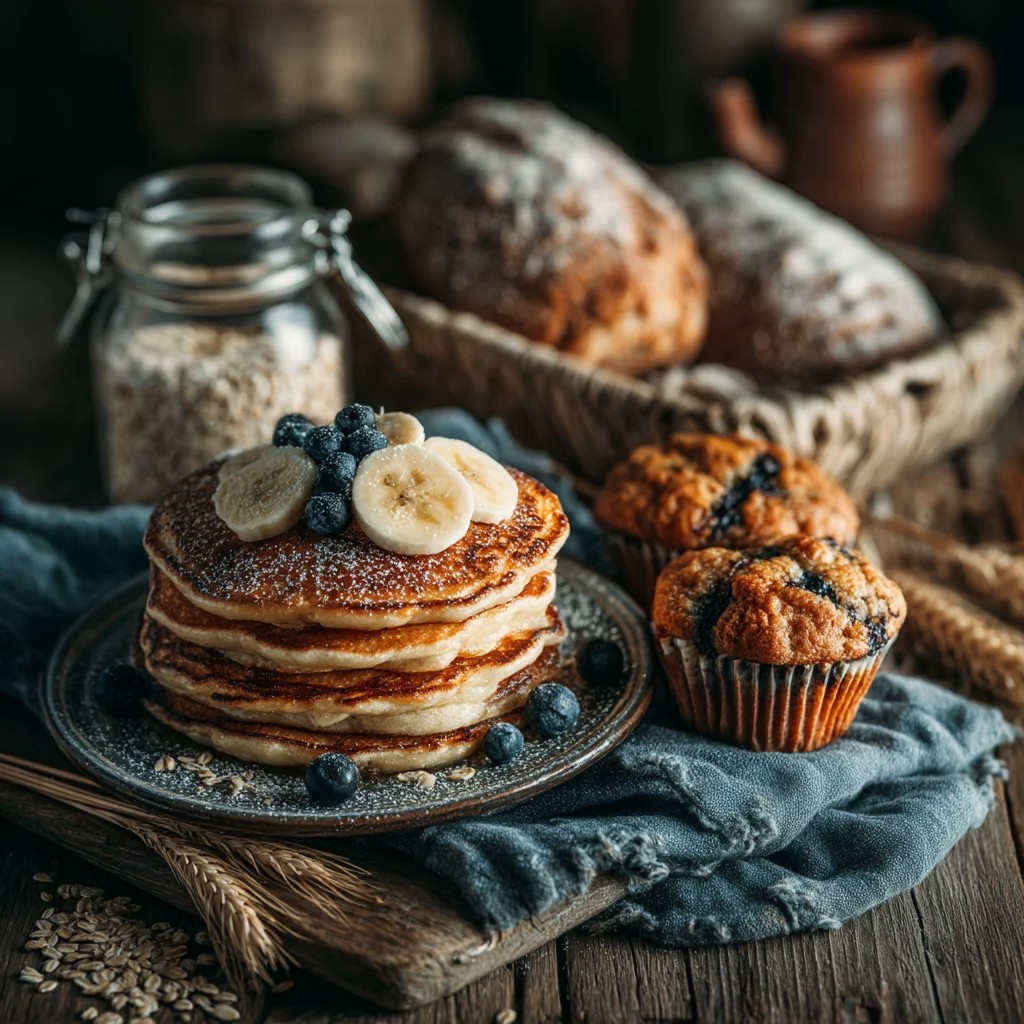 Fluffy Pancakes with Fresh Fruit and Muffins