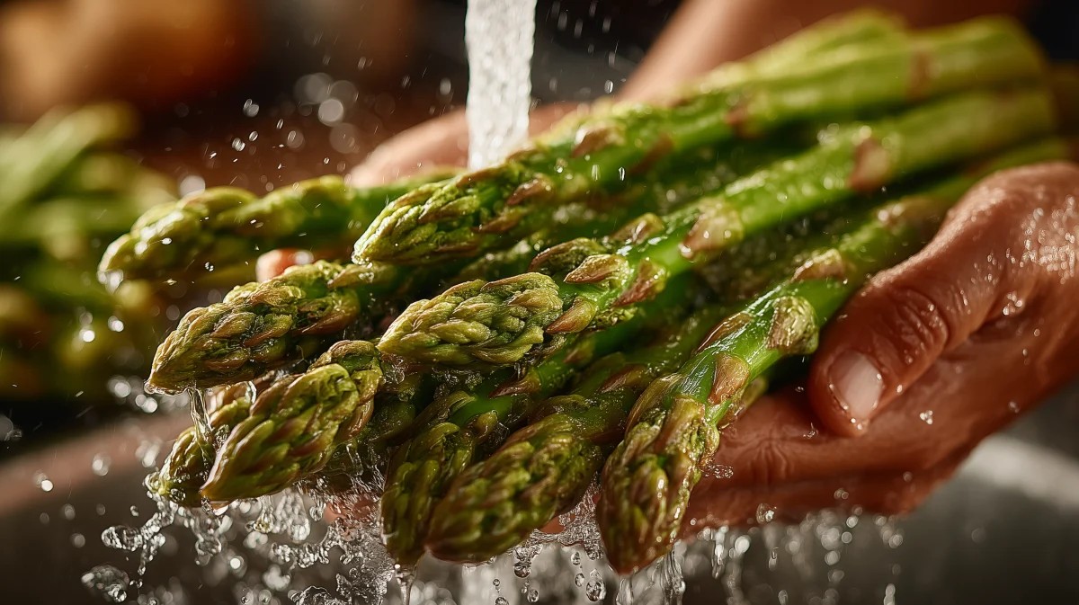 Fresh Asparagus Being Washed Under Running Water