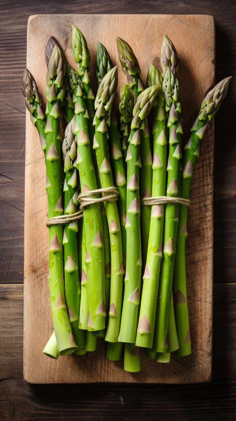 Fresh Asparagus Bunch on Wooden Board