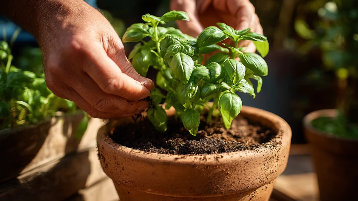 Fresh Basil Plant in Terracotta Pot