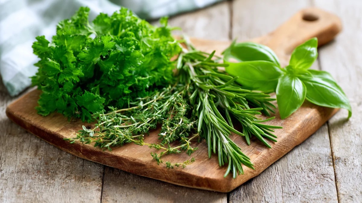 Fresh Herbs on Wooden Cutting Board