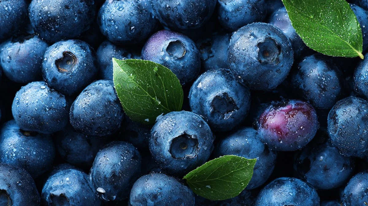 Fresh Juicy Blueberries with Green Leaves